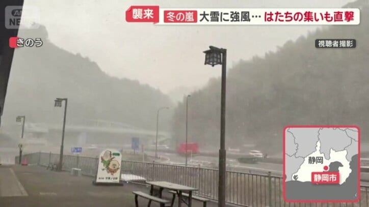 真横に流れる雪