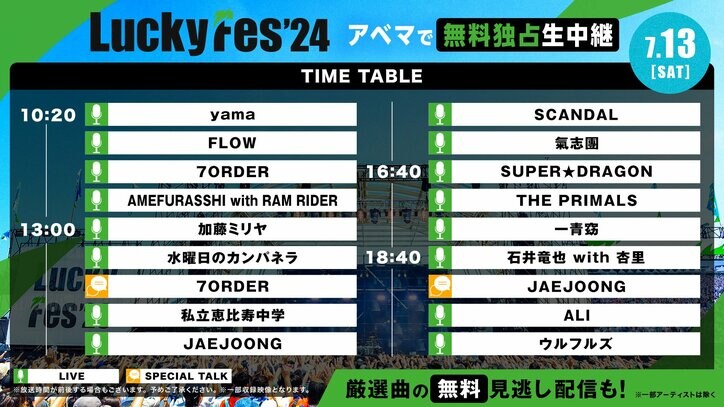 【写真・画像】野外音楽フェス『LuckyFes’24』がABEMAにて無料独占生中継！新しい学校のリーダーズ、ウルフルズ、FRUITS ZIPPERら出演　2枚目