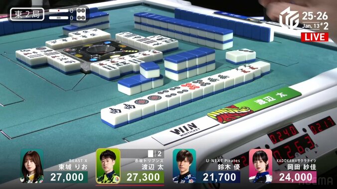 強烈な一撃！渡辺が決めたドラ大盛りの七対子で倍満