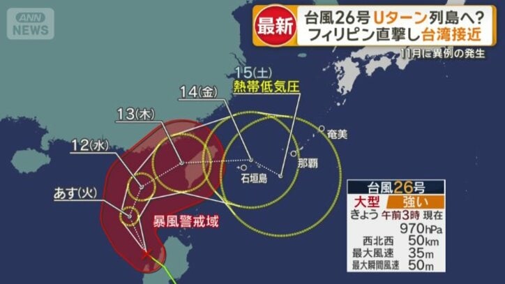 13日ごろから沖縄に近づく見込みの台風26号