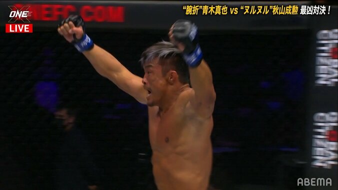 秋山成勲、青木真也に衝撃TKO勝利で雄たけび！ リングに仰向けになり喜びを爆発 1枚目