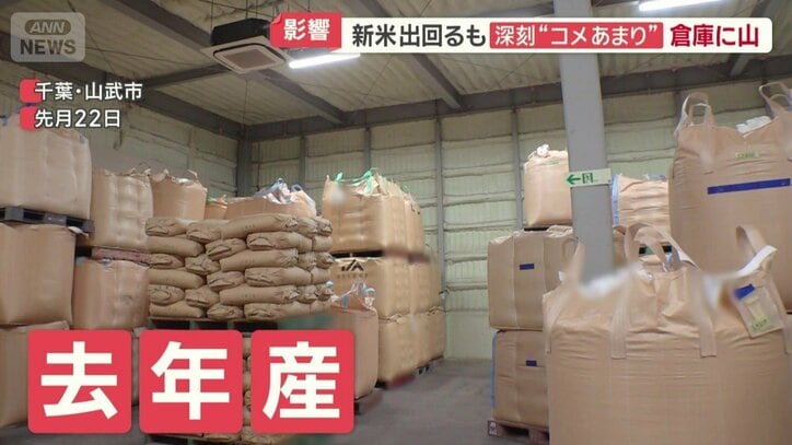倉庫の一角に積み上がった去年産のコメ