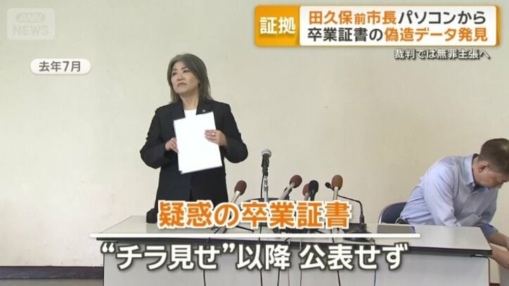 偽造の疑いが持たれている卒業証書