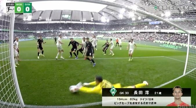 「ヤバすぎる！」ブレーメンGK長田澪、至近距離ショット→ギリギリで“神セーブ”「よく止めたな」「素晴らしい反応」驚異的な反射神経にファン騒然 5枚目