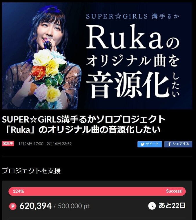 SUPER☆GiRLS溝手るか「Ruka」オリジナル曲音源化がライブファンディングで決定　32分で目標クリア 2枚目
