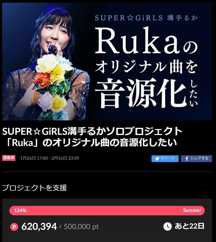 SUPER☆GiRLS溝手るか「Ruka」オリジナル曲音源化がライブファンディングで決定 32分で目標クリア