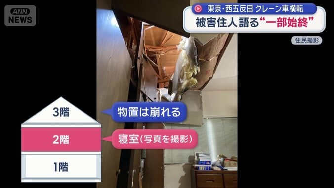 3階の物置はすべて崩れ2階の天井まで破れていた