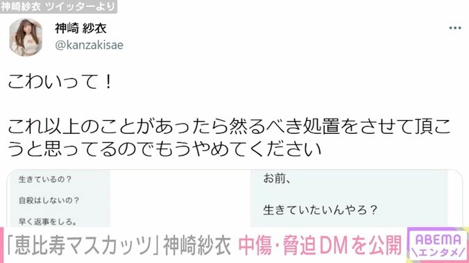 恵比寿マスカッツ神崎紗衣、誹謗中傷＆脅迫DMを公開「然るべき処置をさせていただく」 1枚目