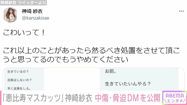 恵比寿マスカッツ神崎紗衣、誹謗中傷＆脅迫DMを公開「然るべき処置をさせていただく」