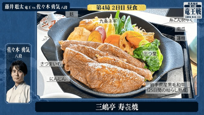 佐々木勇気八段が注文した「三嶋亭 寿㐂焼（すき焼き）」