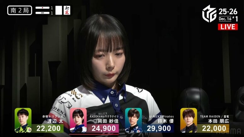 うれしさを忍ばせた美しき横顔と低音ボイス 美人雀士の強烈なアガリ「まじでナイス」「これは岡田さんが上手」／麻雀・Mリーグ