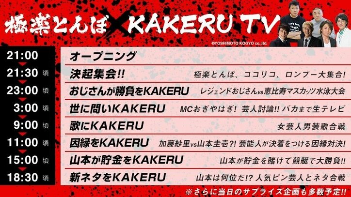 極楽とんぼ「KAKERU TV」~24時間AbemaTV生JACK〜 タイムテーブル