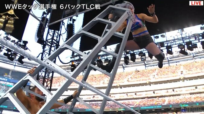 リング上、ラダーのキャンディスが衝撃落下