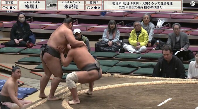 寄り切って初日の米沢龍