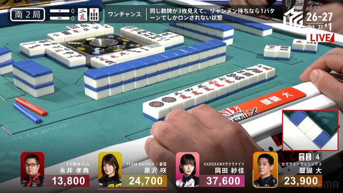 終盤に一気の追い上げ 醍醐大、逆転の跳満でトップ目浮上のシーン