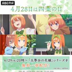 4月28日は「四葉の日」！アニメ『五等分の花嫁』シリーズ一挙配信がABEMAで決定