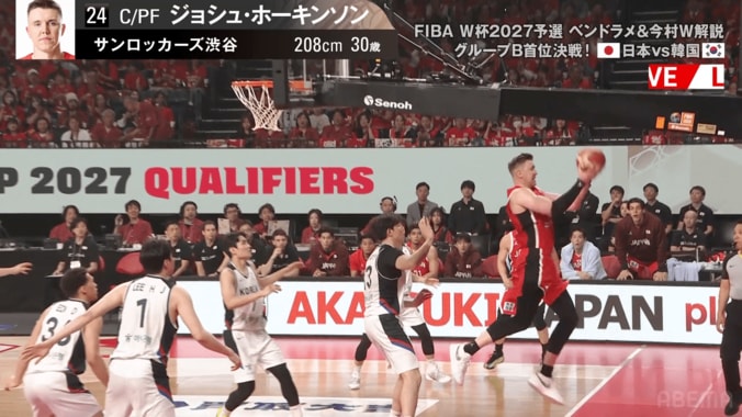 【バスケ日韓戦】「なんだ今の！？」“奇跡のボード裏リバウンド→背面パス”にSNS騒然「ホーキンソン神すぎる」「何度も流したいハイライト」 4枚目