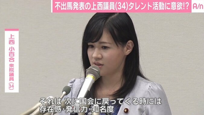 不出馬表明の上西議員、今後はタレント活動に意欲？「女優はないと思うが様々な活動を」 1枚目