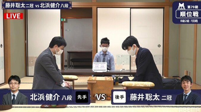 藤井聡太二冠、6連勝で全勝キープなるか 北浜健介八段と対局開始／将棋・順位戦B級2組 1枚目