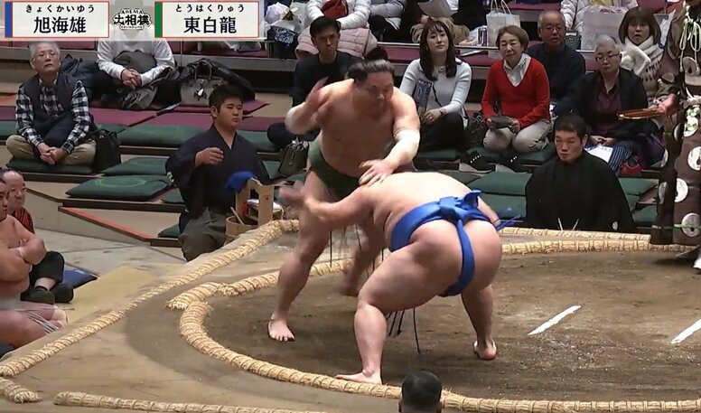 「ちょんまげ姿で大相撲を観戦されてる」土俵下の砂かぶりに“ひと際目を引く”人物が鎮座 力士飛び込む“ひやり”の一コマにファン注目