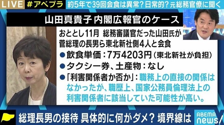 「今の時代、誰もこんな接待は受けていない。しかし総理の長男の誘いは断れない。それが今の霞が関だ」総務官僚時代に放送行政にも携わった小西洋之議員