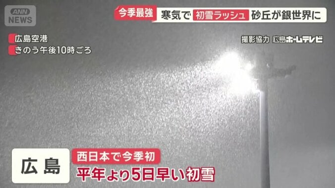 平年より5日早い初雪を観測した広島