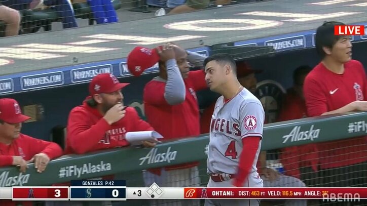 大谷翔平33号に「笑顔でバンザイ→呆れ顔」 止まらない“ショータイム”、同僚「あいつ、どうなってるの?」な顔が話題