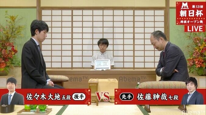 佐藤紳哉七段 対 佐々木大地五段　現在対局中／将棋・朝日杯将棋オープン戦 1枚目