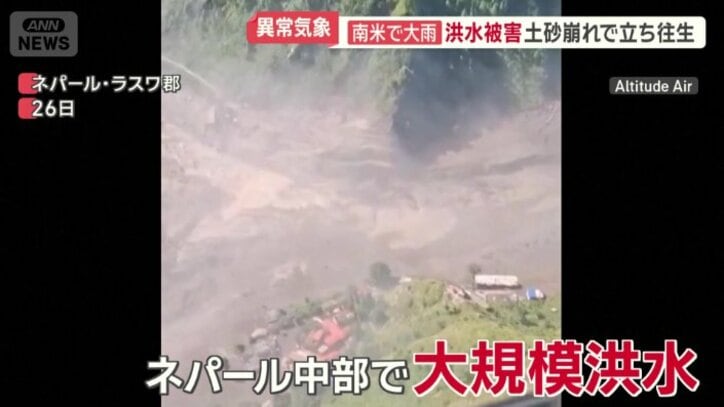 ネパール中部のラスワ郡で発生した大規模な洪水被害