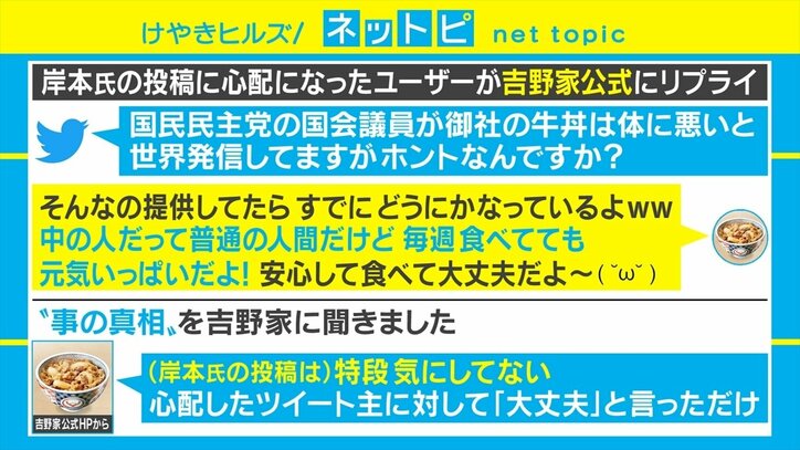 国民・岸本氏「牛丼は健康に悪い」ツイートに批判殺到 吉野家は「安心して食べて大丈夫」と否定