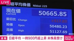日経平均 一時900円超上昇 米株高受け