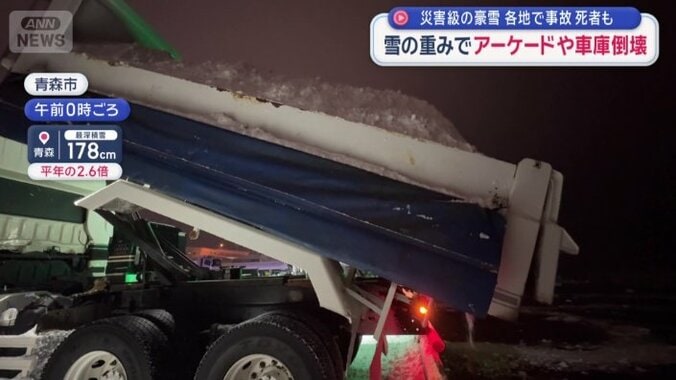除雪車から出た雪をトラックに積み海に捨てる