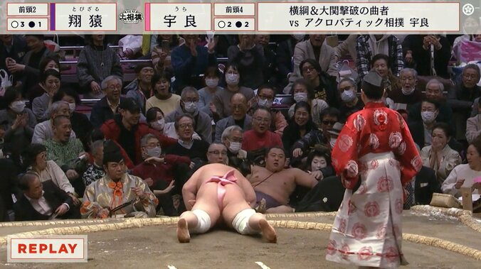 翔猿が土俵下に転落