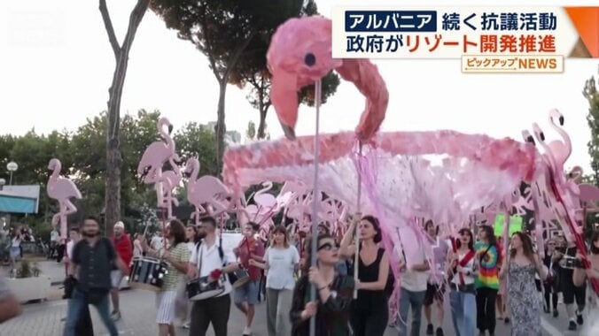 ピンクのフラミンゴを掲げるデモ参加者