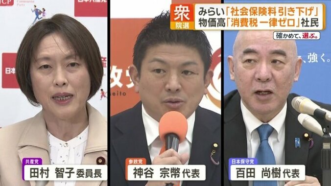 共産党の田村智子委員長　参政党の神谷宗幣代表　日本保守党の百田尚樹代表