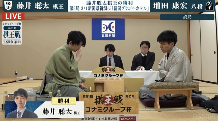 【写真・画像】藤井聡太棋王がシリーズ初勝利 増田康宏八段に追いつき1勝1敗のタイに/将棋・棋王戦第2局 2枚目