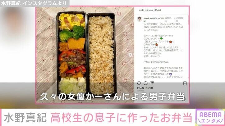 水野真紀、高校生の息子に作った彩り豊かなお弁当を公開「たくさんのおかずに玄米、素晴らしい」と絶賛の声