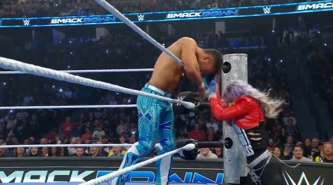 キャンディス・レラエ（写真右）がマスクを掴んだままリング下へずり落ちる