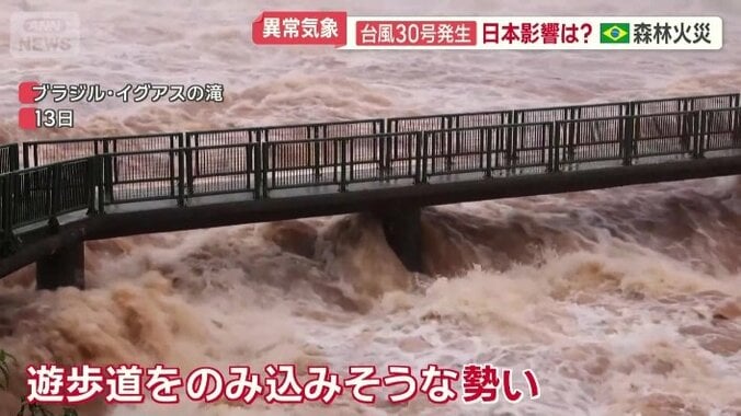 遊歩道をのみ込みそうな勢い