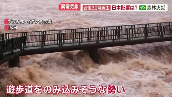 遊歩道をのみ込みそうな勢い