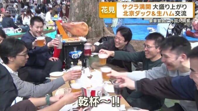 乾杯する花見客