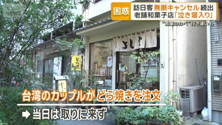 台湾のカップルがどら焼きを注文