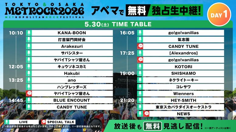 『メトロック2026』ABEMA無料独占放送のタイムテーブルが解禁