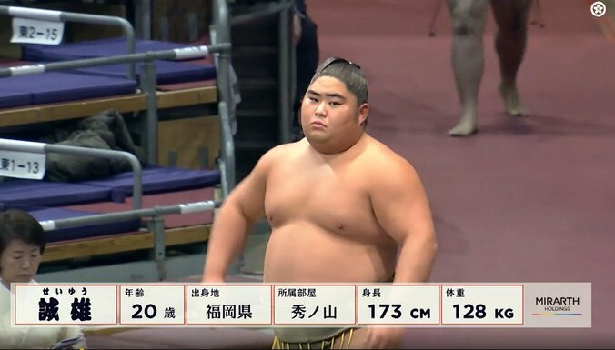 綺麗にパンプアップされた三段目三枚目・誠雄（秀ノ山）と整えられたキリリ眉