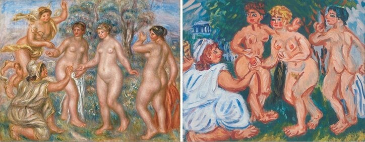 【画像左】ピエール＝オーギュスト・ルノワール 《パリスの審判》 1913-14年ごろ、ひろしま美術館蔵【画像右】梅原龍三郎 《パリスの審判》 1978年、個人蔵 