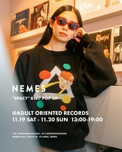 ZEN-LA-ROCKが手がけるブランド「NEMES」から初のニットの発 売を記念したポップアップが代々木上原Adult Oriented Recordsにて11/19,20の週末に開催 。