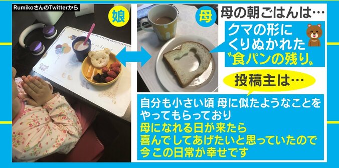 娘は可愛いクマのパン、一方で母は…親子の朝ごはんの比較写真に「あるある過ぎて泣けてきました…」と反響 2枚目