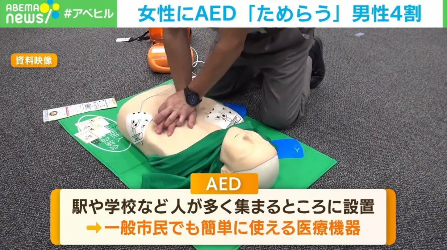 男性の4割が“女性へのAED使用”ためらう…セクハラや周囲の反応を心配する声に専門家「必ずしも上半身裸にする必要はない」 | 国内 ...