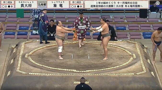 写真右が序二段二十五枚目・象竜（音羽山）