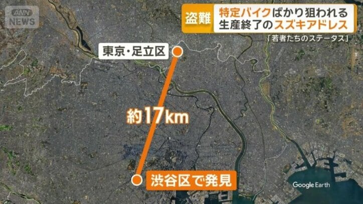 バイクが見つかったのは17キロ離れた渋谷区
